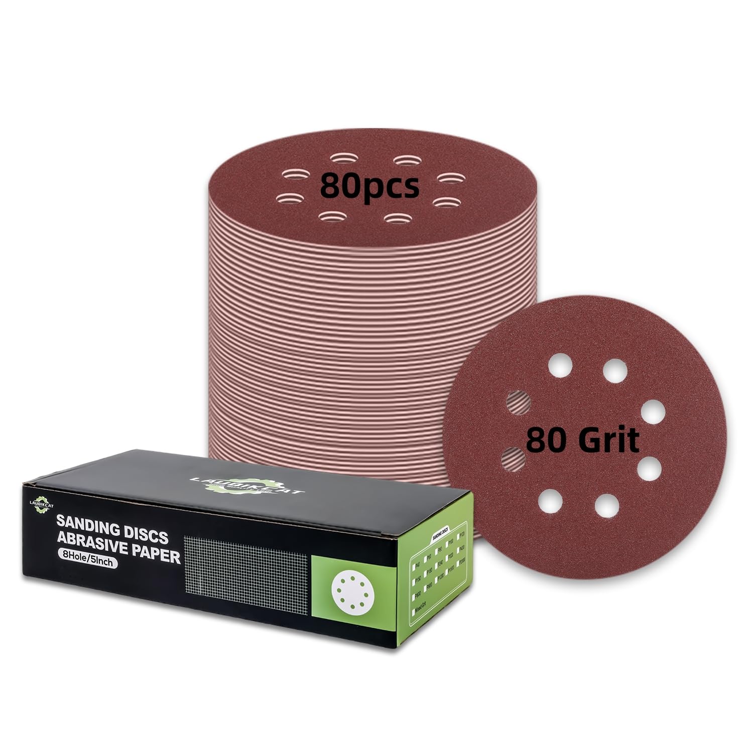 80 pcs Sanding Discs - 5 inch/125 mm, 8 Holes, Hook and Loop Sanding Pads for Random Orbital Sanders,Red Brown-80 Grit