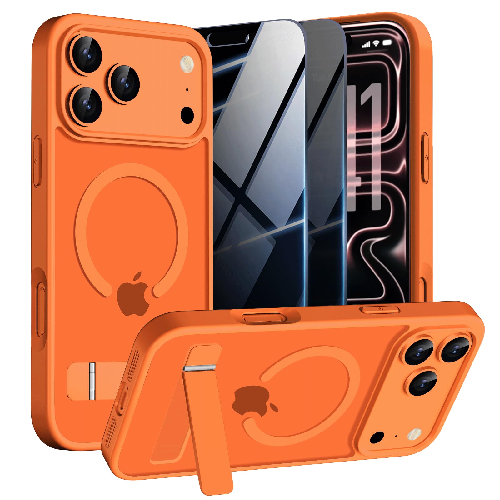 Magnetic Case for iPhone 17 Pro Max Phone Case with Privacy Screen Protector 2X,Compatible with MagSafe,Invisible Kickstand [20FT Protection],Translucent Matte Shockproof Cover for 17 ProMax,Orange