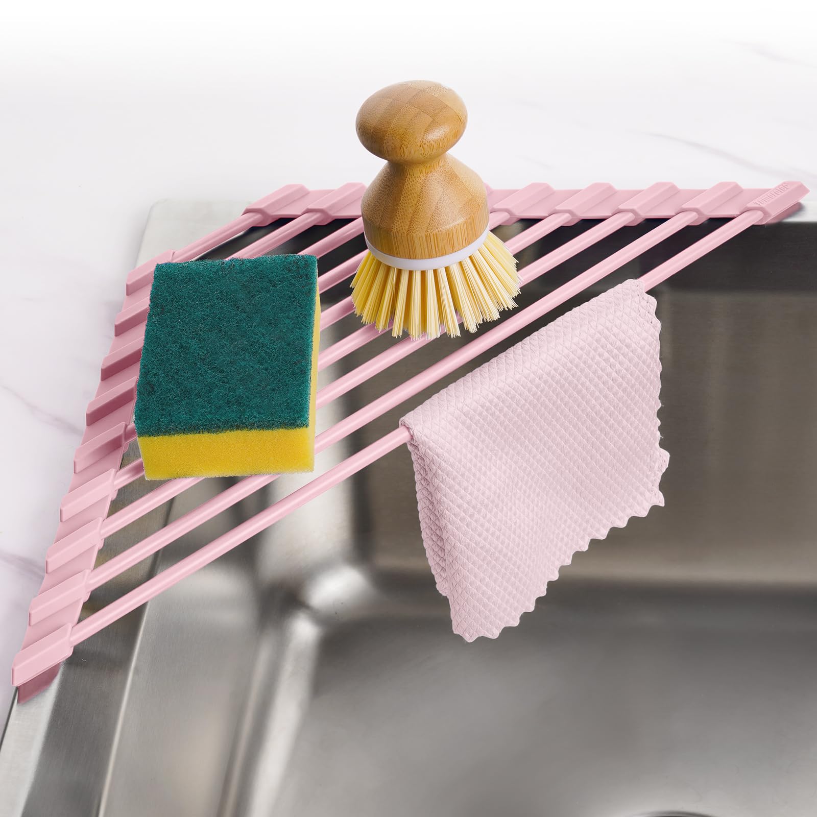 Photo 1 of Tomorotec Compact Silicone-Coated Triangle Dish Drying Rack for Sink Corner - Foldable Stainless Steel Over-The-Sink Organizer and Storage Shelf (Pink)
