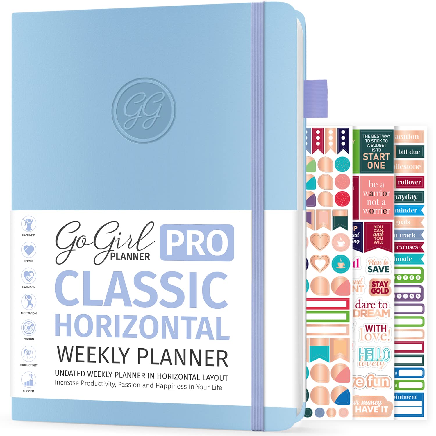 GoGirl Planner PRO - Undated Horizontal Layout Weekly Planner and Organizer + Budgeting and Expense Tracking Pages, Goals Journal & Agenda, 18 x 25.5cm, Hardcover, Lasts 1 Year - Periwinkle