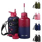 FAHRMOSIS 64 Oz Insulated Water Bottle with Strap Stainless Steel Sports Water Bottle with 3 Lids (Straw, Chug and Flip Lid) Leak Proof Metal Half Gallon Jug for Men & Women - Red Fusion