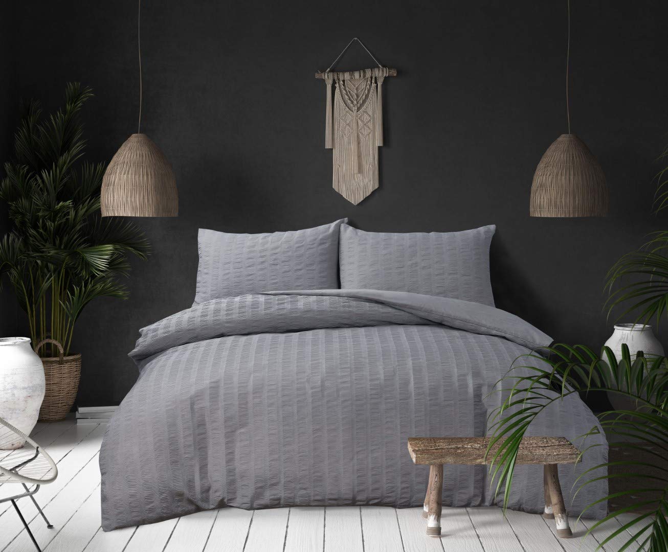 ZNR® Seersucker Bedding Duvet Cover Set with matching Pillowcase | Super-Soft Poly-Cotton | Luxury Bedding Set with Button Closure | Easy Care & Machine Washable (Grey, Single)