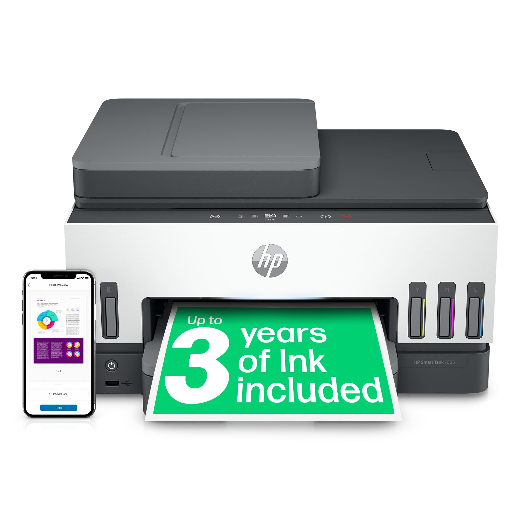 HP Smart Tank 7605 All in One Printer | Perfect for Home | Colour | Wireless, Ethernet | Print, Scan, Copy, Fax | Refillable, Includes up to 3 Years of Ink | 2-Sided Printing | Document Feeder