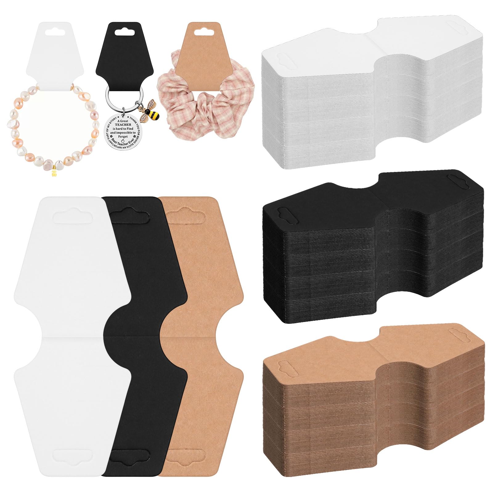 Glarks 300pcs 2 x 5In Jewelry Display Card Set - Brown, Black, White Kraft Paper Bracelet Display, Hang Tags, Key Chains, Earring Packaging for Necklaces