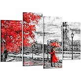 KREATIVE ARTS 4pcs Contemporary Wall Art Black White and Red Umbrella Couple in Street Big Ben Oil Painting Printed on Canvas Romantic Picture Framed Artwork Prints for Walls Decor 48x33inch