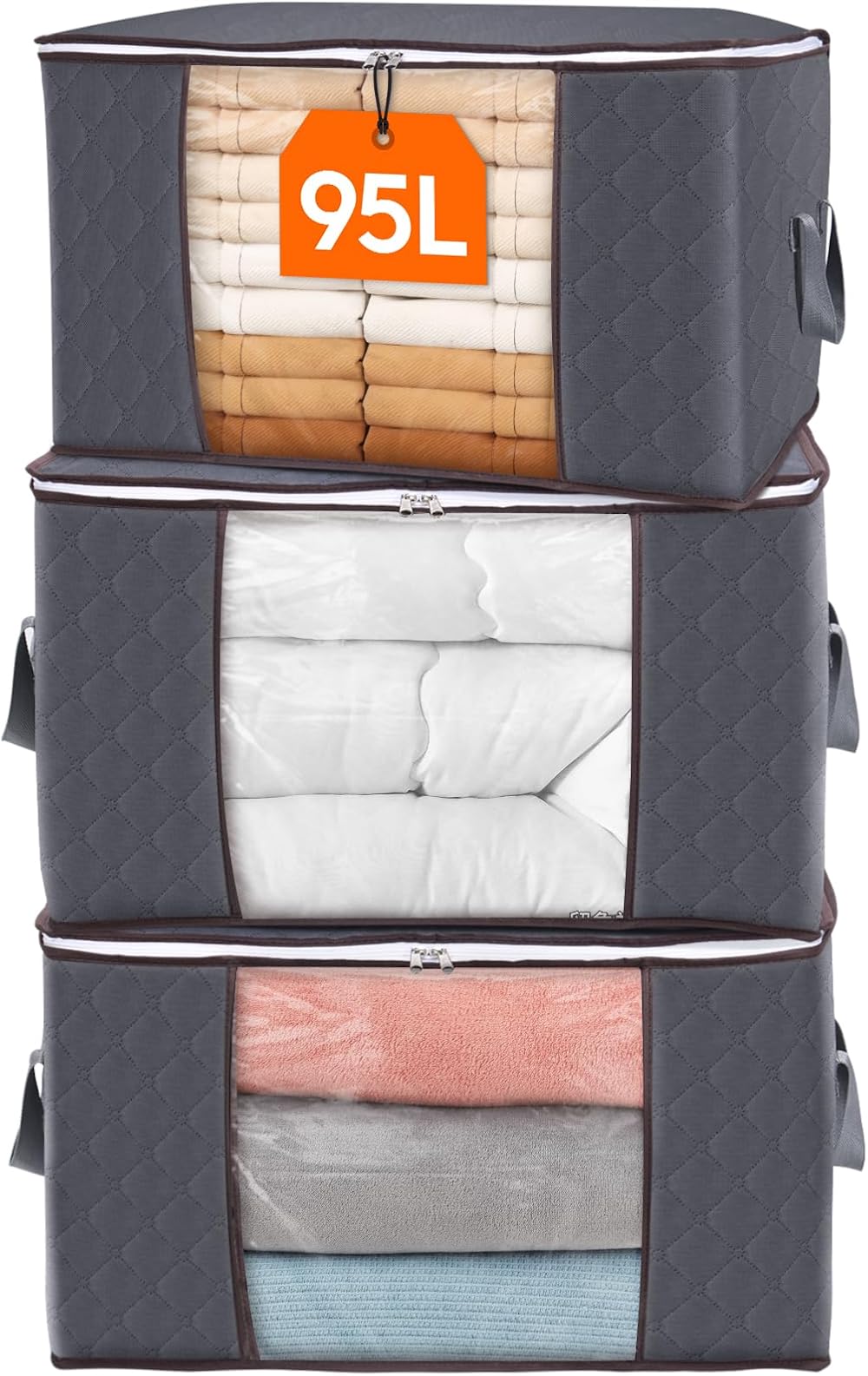 Lifewit 95L Clothes Storage Bags, Large Box with Lid, 3 Pack, Grey