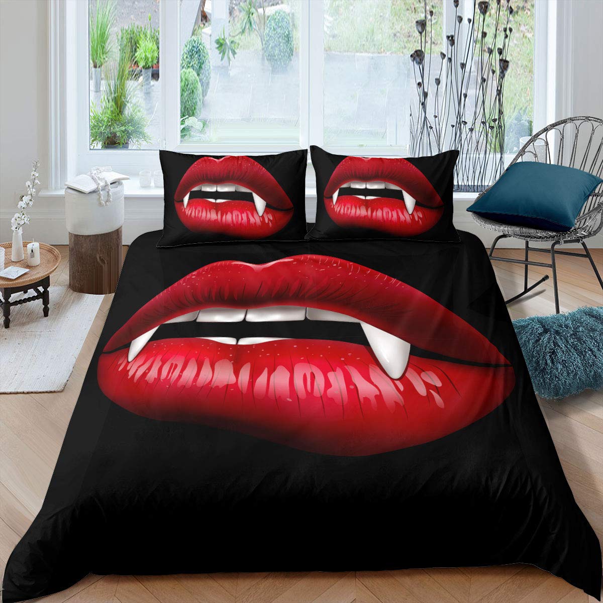 Loussiesd Girls Duvet Cover Set Single for Kids Teens Red Sexy Lips Bedding Set 3D Mouth Comforter Cover Mouth Long Teeth Bedspread Cover Fangs Microfiber Quilt Cover Black Bed Cover
