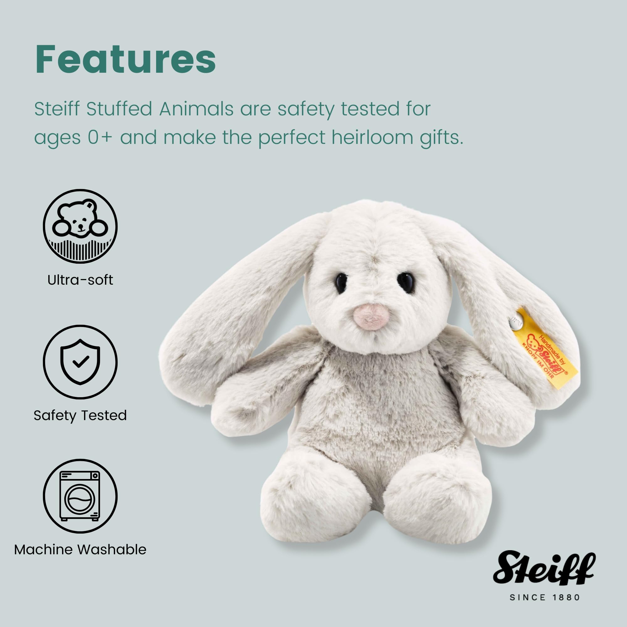Steiff Hoppie Hase 18 cm hellgrau, Plüschtier Hase mit Schlappohren, Soft Cuddly Friends, flauschiges Stofftier zum Kuscheln und Spielen, Kuscheltier für Mädchen und Jungen, waschmaschinenfest 5