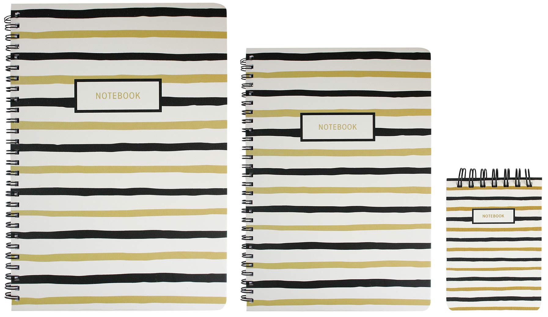 Emartbuy Black & Gold Doodle Hard Cover Spiral Exercise Book Diary Notebook Notepad Writing Journal Ruled B5, A5, A7 Size 80 Sheets (160 Pages) - Stripes, Set of 3