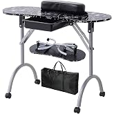 WELLHUT Nail Table Portable Manicure Tables with Carrying Bag, Salon Station Foldable Nail Desk with Large Drawer, Wrist Rest, Lockable Wheels for Home Spa Beauty Salon Mobile Nail Tech