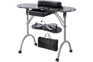 Nail Table- WELLHUT Portable Manicure Tables with Carrying Bag, Salon Station Foldable Nail Desk with Large Drawer, Wrist Rest, Lockable Wheels for Home Spa Beauty Salon Mobile Nail Tech
