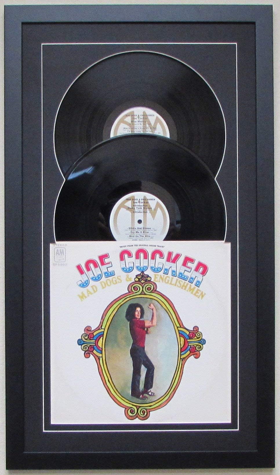 Record Album Double Vinyl LP Frame Display Featuring Black Matting Juke Box Style Design (Black Frame) Holds 2 Records And Album Cover
