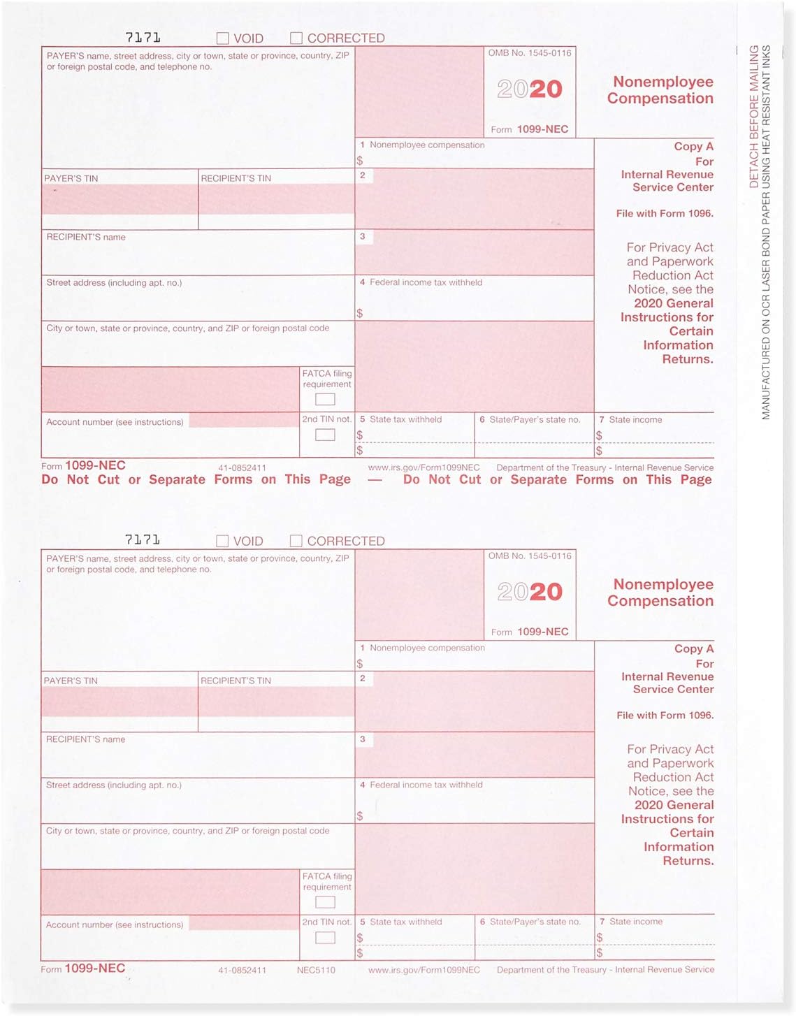 Blue Summit Supplies 1099 NEC Tax Forms 2020, 50 4 Part Tax Forms Kit, Compatible with QuickBooks and Accounting Software, 50 Self Seal Envelopes Included : Office Products