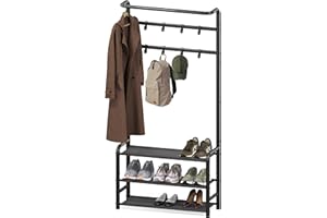 Simple Houseware Coat Rack with Storage Shelf, Hall Tree with Shoe Rack for Entryway, Black