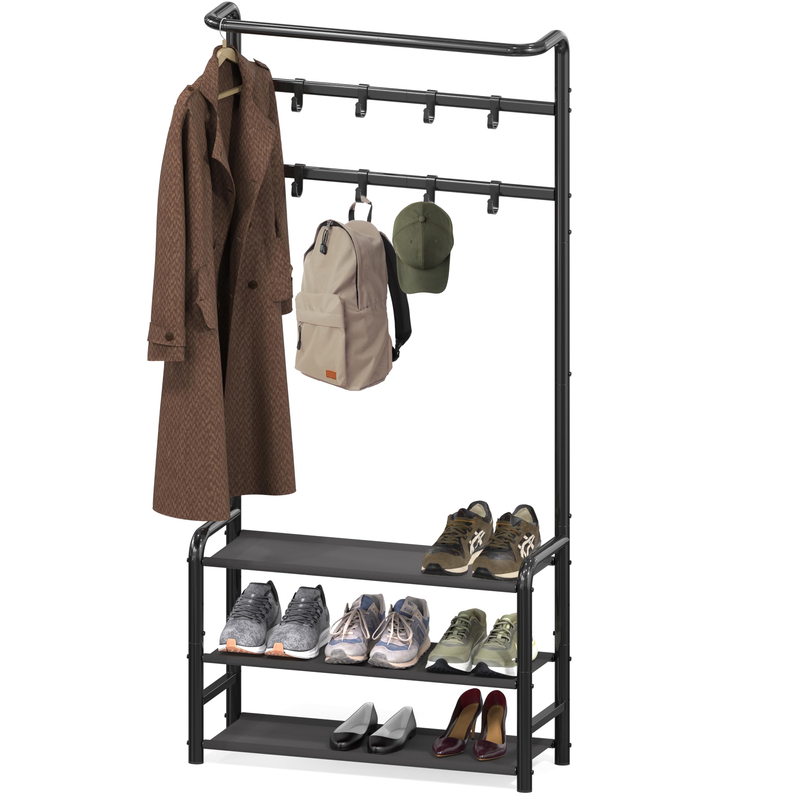 Photo 1 of SIMPLE HOUSEWARE Coat Rack with Storage Shelf, Freestanding Hall Tree with Hooks for Entryway, Bedroom, Office, Black Metal Clothes Hanger Stand for Coats, Hats, Jackets, Bags - Black