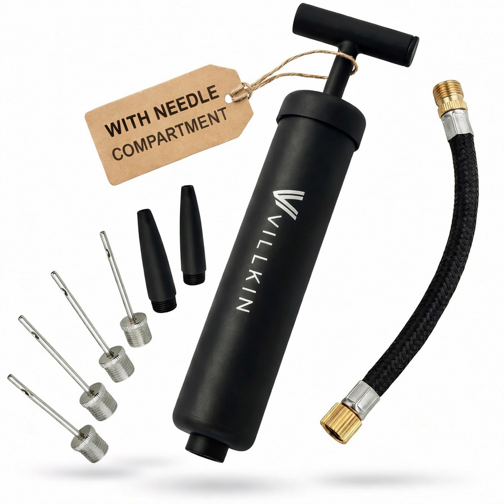 Villkin Ball Pump with Needle Compartment in Handle - 4 Metal Needles, 2 Plastic Nozzles, 1 Flexible Hose - Air Pump for Football, Basketball, Volleyball, Handball - Black