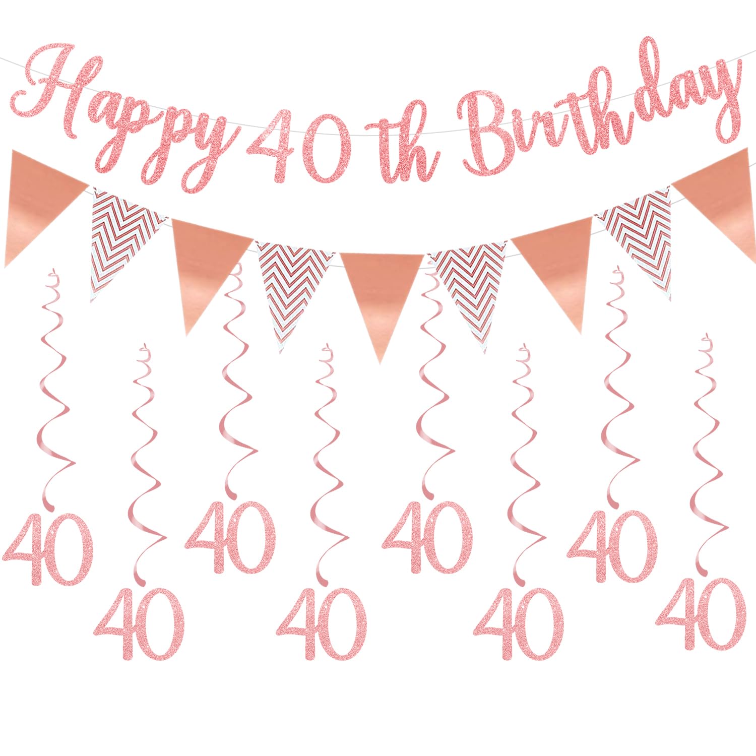 Elicola 40th Birthday Decorations Happy 40th Birthday Bunting Banner With 8PCS Hanging Swirls Streamers for Womens Birthday Anniversary Party Decor Supplies