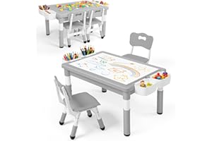Kinder King Kids Table & 2 Chairs Set, Height Adjustable Children Activity Table w/Storage, Graffiti & Building Blocks Tabletop, Toddler Furniture Set for Classroom, Daycare, Home, Age 3+, Grey
