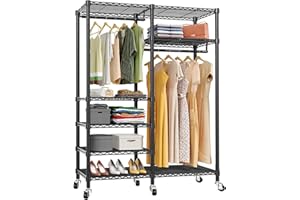 VIPEK R4 Rolling Garment Rack 6 Tiers Adjustable Heavy Duty Wire Shelving Clothes Rack with Double Rods and Lockable Wheels, Freestanding Wardrobe Closet Storage Rack Metal Clothing Rack, Black