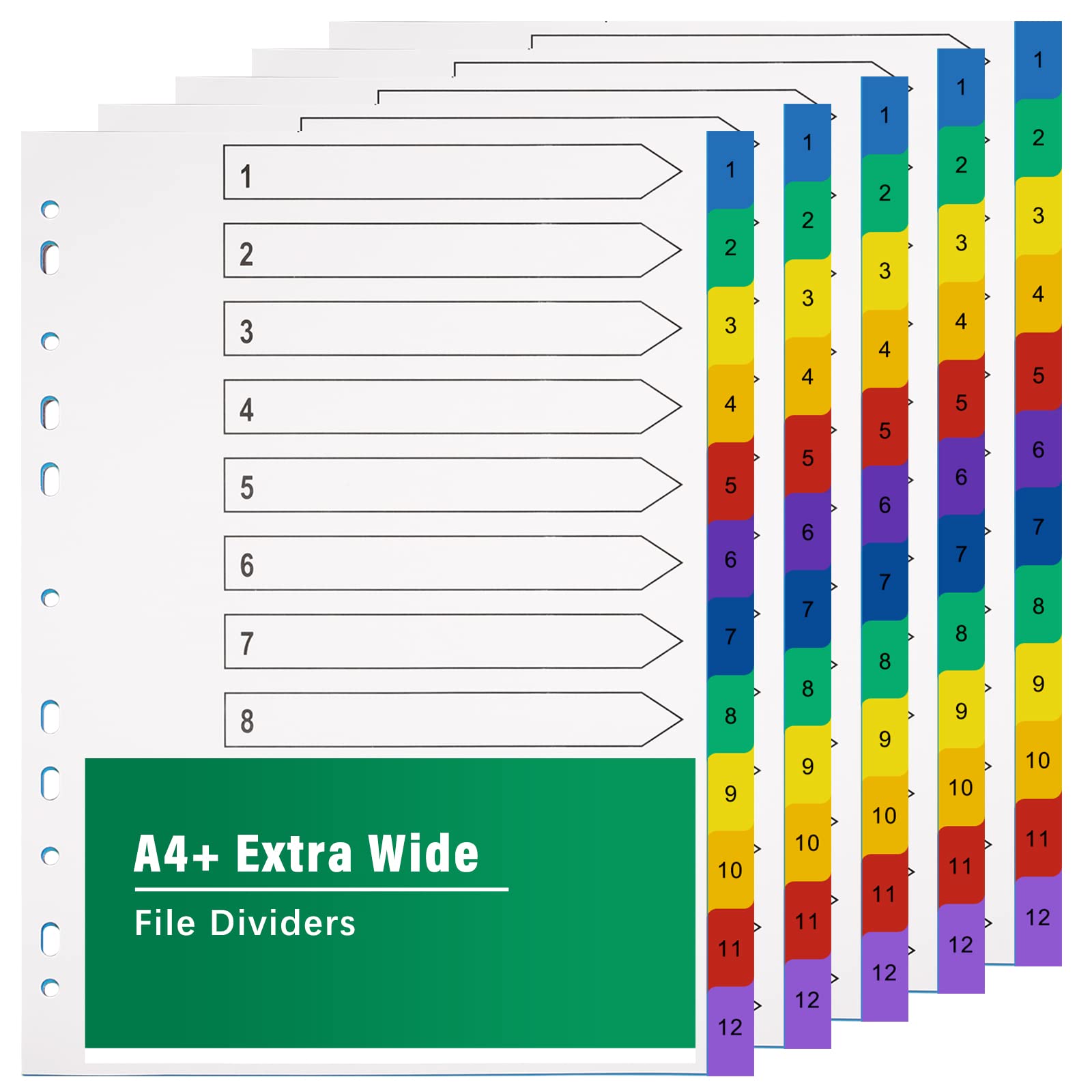 A4 File Dividers 12 Part Extra Wide Coloured Tabs【5 Pack】Folder Dividers Coloured Mylar for Lever Arch Files Multipurpose Porous Index Dividers — image 1