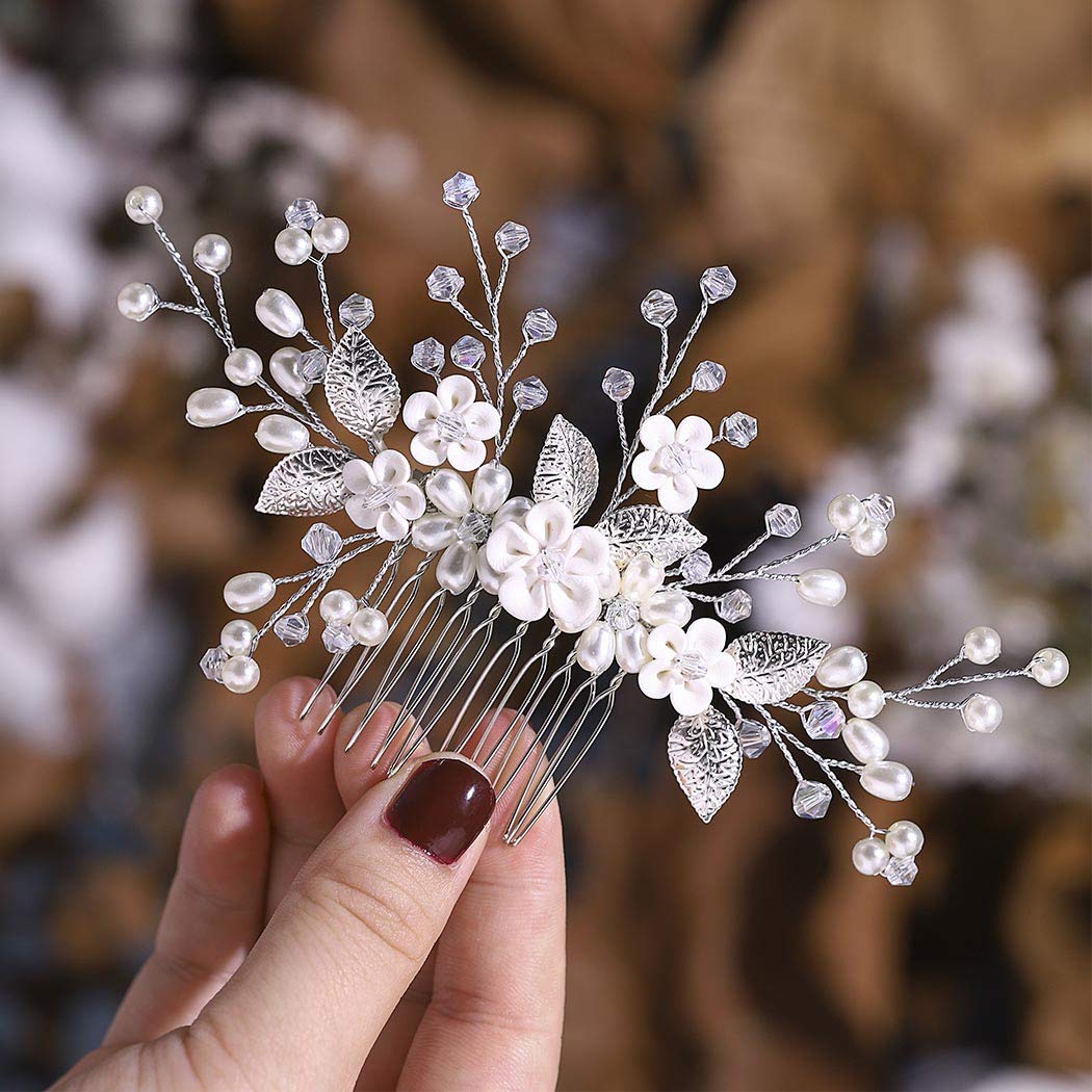 Edary Flower Wedding Hair Combs Crystal Bridal Headpiece Beaded Hair Accessories for Women and Girls (Silver)