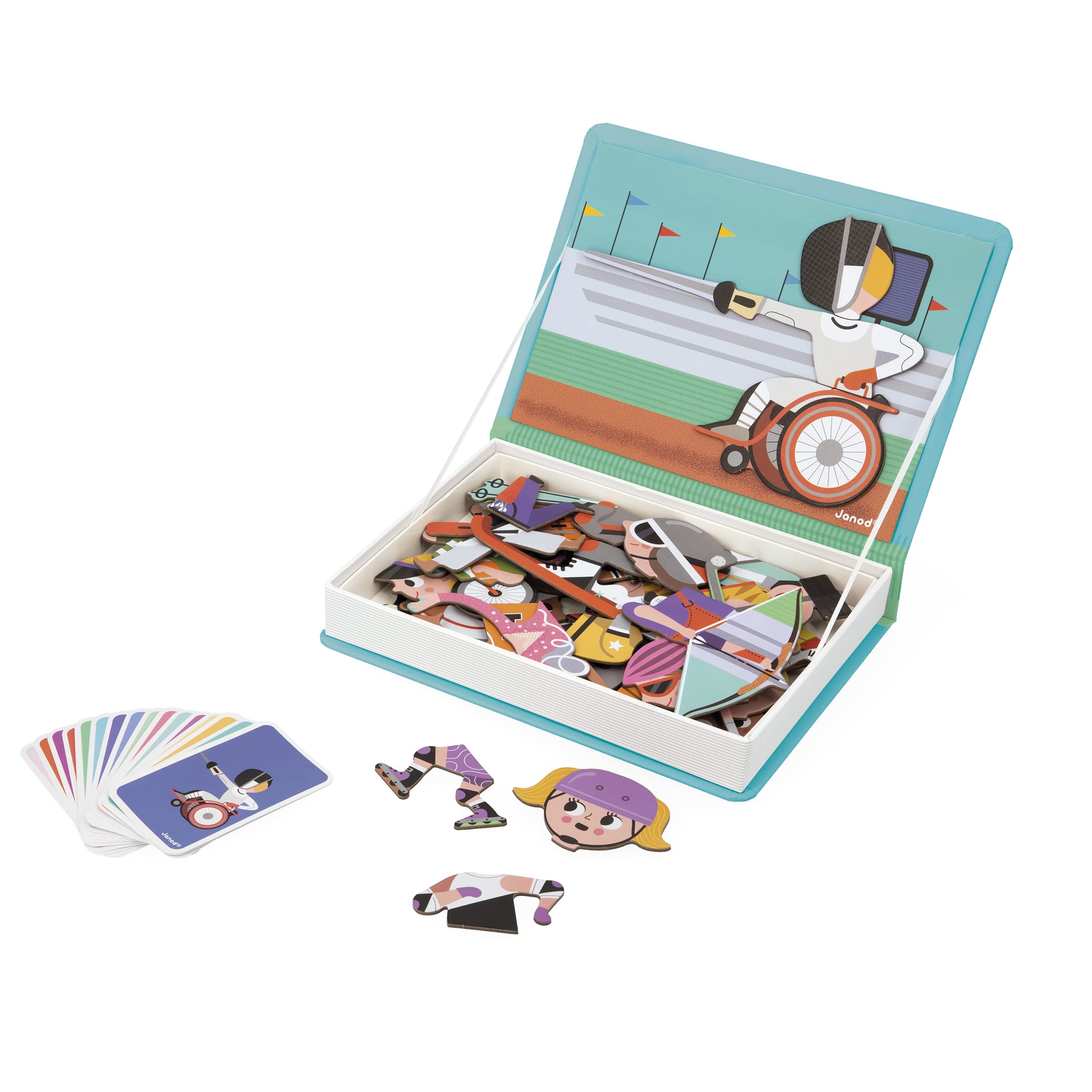 Janod - Magnéti'Book Sports - Magnetic Educational Game - 48 Magnets + 16 Model Cards - Children’s FSC Cardboard Toy - 3 Years +, J02596