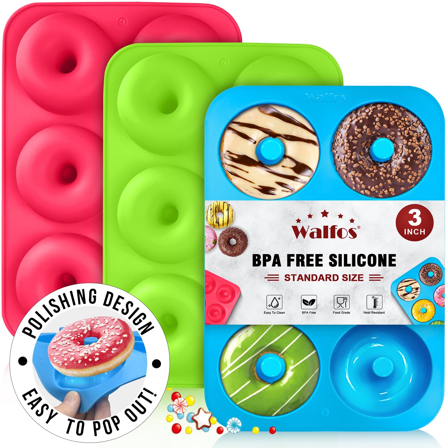 Photo 1 of Walfos Silicone Donut Mold - Non-Stick Silicone Doughnut Pan Set, Just Pop Out! Heat Resistant, Make Perfect Donut Cake Biscuit Bagels, BPA FREE and Dishwasher Safe, Set of 3
