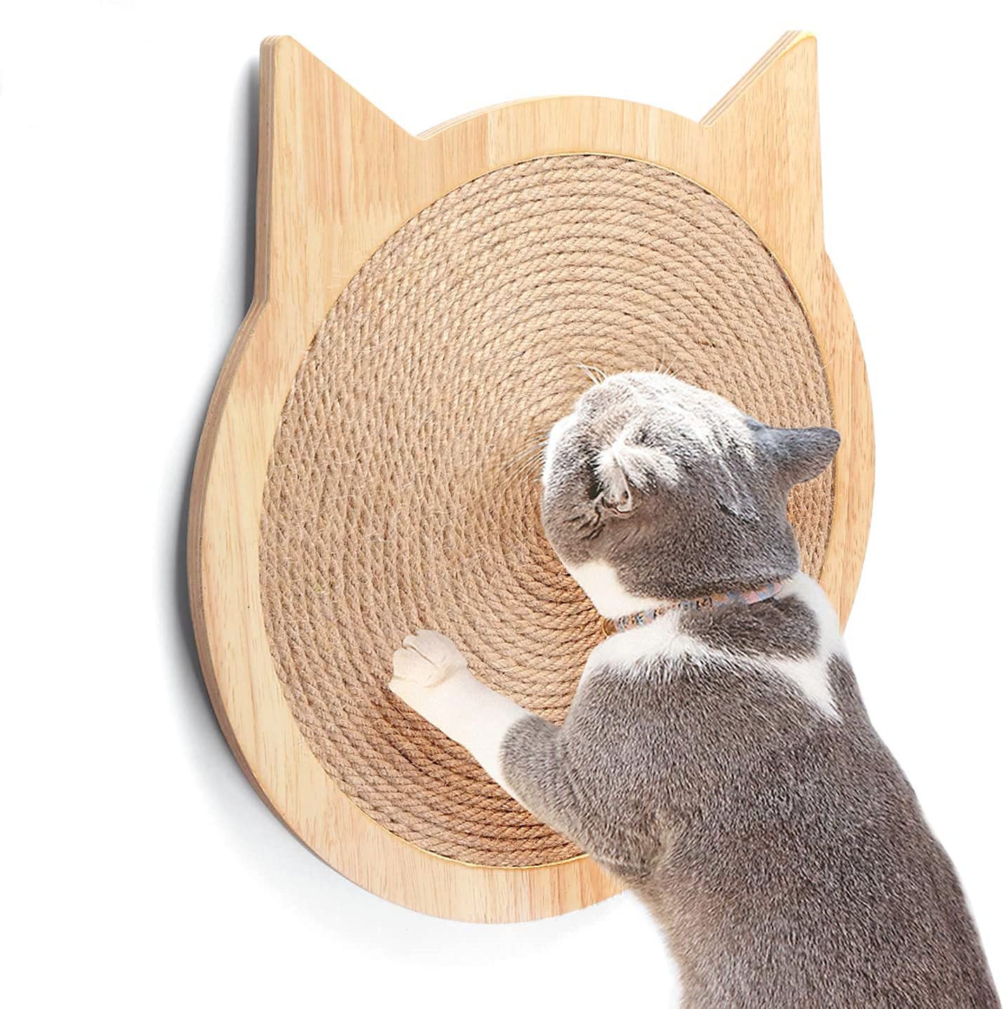 HC Cat Shape Scratching Pads for Kittens, Wall Sisal Scratcher Board With Strong Sucker, Wooden Toy Furniture (M)