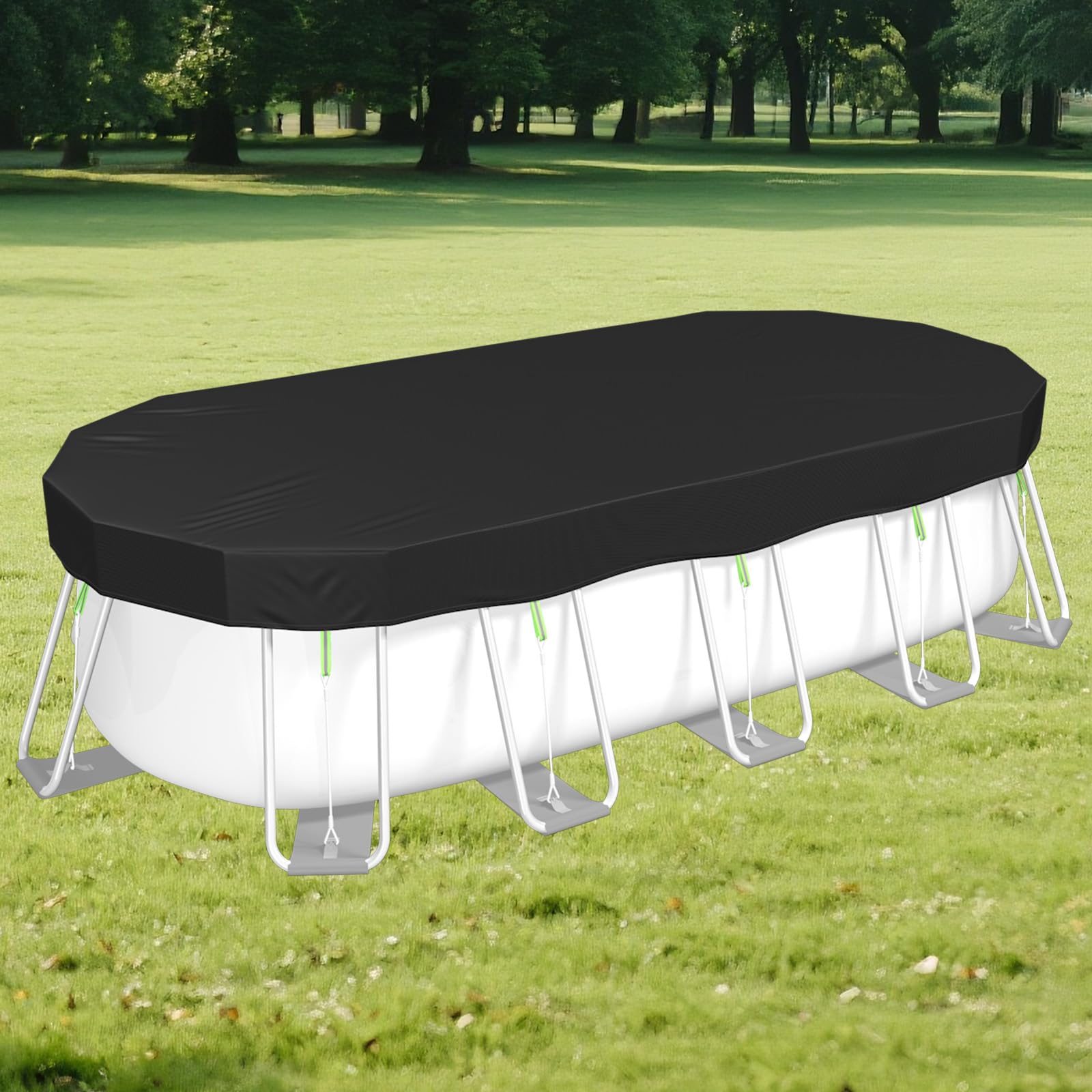 Photo 1 of Oval Pool Cover 10 x 20 Ft for Above Ground Pool [ Upgrade 420D ] Heavy Duty Fabric Pool Covers Oval Swimming Pool Cover with Ground Nails, Hook and Loop Fastener, Super Windproof, Quick Installation