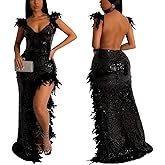 AlexQueen Women's Sexy Spaghetti Strap V Neck Mesh See Through Bodycon Sequin Gown Evening Dress with Slit