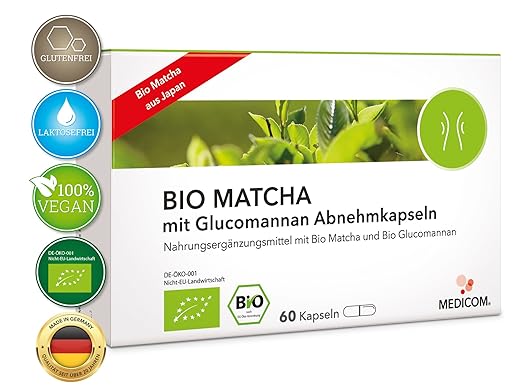BIO MATCHA mit Glucomannan Abnehmkapseln • Bio-zertifiziert • Vegan • 1260 mg Matcha-Pulver-Extrakt pro empfohlener Tagesdosi
