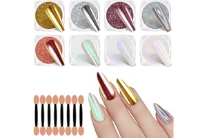 SIUSIO 8 Jars Chrome Nail Powder Gold Silver Nail Art Glitter Decoration Metallic Mirror Effect Holographic Aurora Nail Pigment Powder Kit for Nail Art Home DIY Salon Manicure