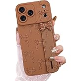 OOK Case for iPhone 17 Pro Max Case with Screen Protector, Cute Bow Design with Adjustable Wristband Strap Kickstand Slim Soft TPU Rubber for Women Girls Phone Cover-Brown
