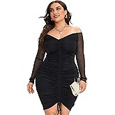 LAPA Women's Plus Size Sexy Dress, Off Shoulder Ruched Bodycon Mesh Long Sleeve Party Cocktail Dresses