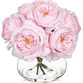 Hollyone Pink Roses Peonies Artificial Flowers with Glass Vase Silk David Austin Roses Faux Flowers Arrangements with Clear Faux Water in Vase Fake Peonies Rose Peony Floral Bulk Bouquet Home Decor