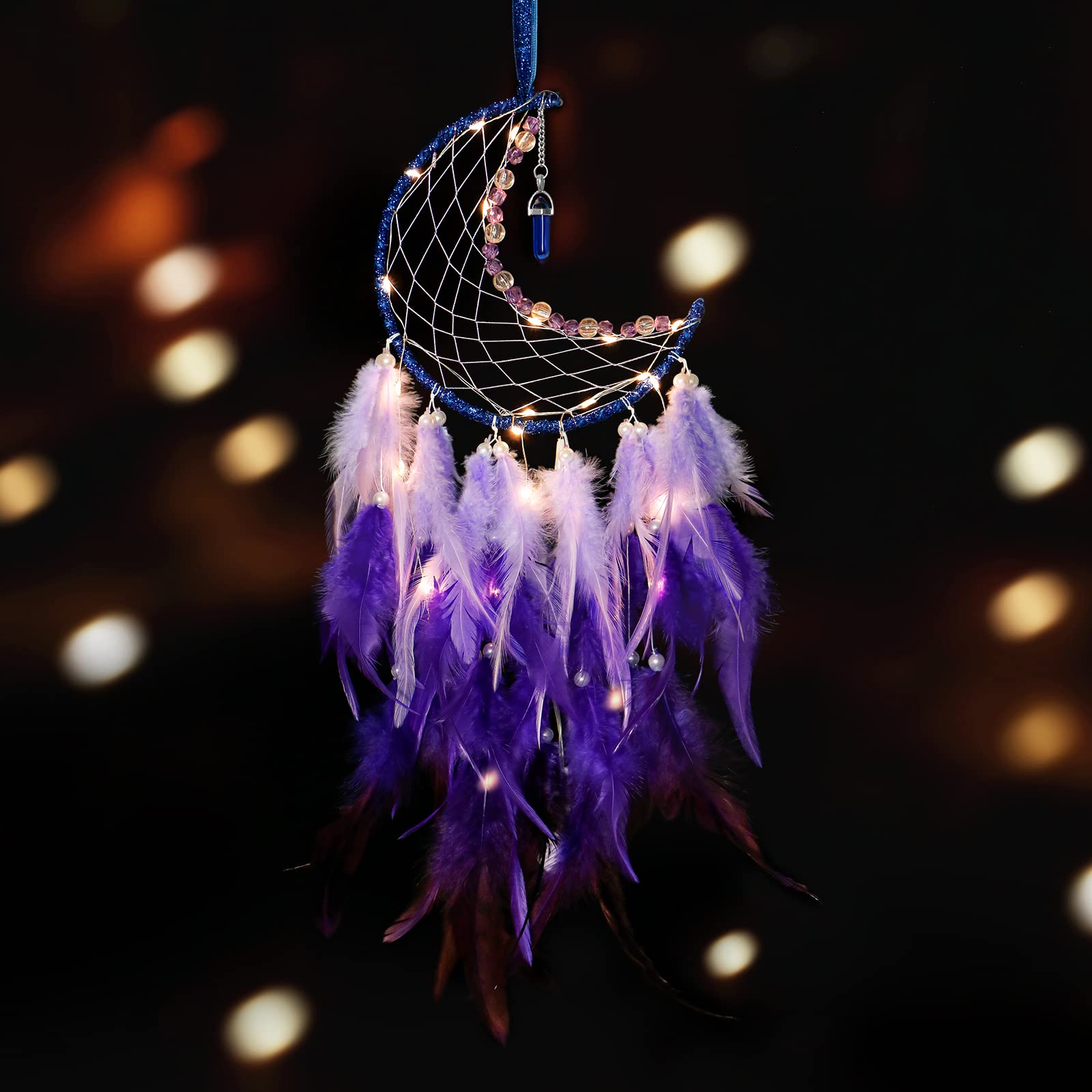 Moon Dream Catcher with Fairy Lights Indian Dreamcatcher Kids Bedroom Accessories Purple Feather Lucky Turquoise Pendant Wall Hanging Decoration for Home Bedroom