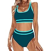 Blooming Jelly Women's Bikini Sets High Waisted Two Piece Swimsuits Sporty Color Block Cheeky High Cut Bathing Suits