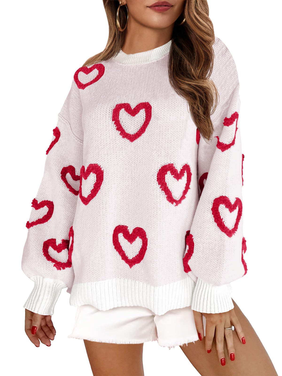 Photo 1 of Saodimallsu Womens Heart Sweater Valentines Oversized Cute Winter Chunky Knit Crew Neck Side Slit Pullover Sweaters White