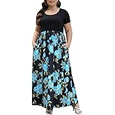 Nemidor Plus Size Maxi Dresses for Curvy Women Casual Short Sleeve Chevron Print Long Dress with Pocket 14-26