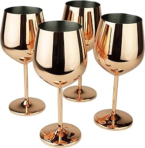 PG Copper / Rose Gold Stem Stainless Steel Wine Glass Set 4 - 18.5 oz