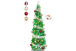 TURNMEON 5 Ft Pop Up Christmas Tree with Lights Timer, Collapsible Tinsel Christmas Tree with 50 Warm White&Color Changing Lights 8 Modes and Balls Ornaments 3D Star Sequins for Home Holiday Party Indoor Decor
