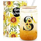 Frerdui Birthday Gifts for Women, Initial Glass Cups w Lids and Straws, Sunflower Gift for Women, Personalized Gift, 16oz Glass Tumbler Cups W/Straw Lid, Monogrammed Birthday Gifts for Her Mom - S