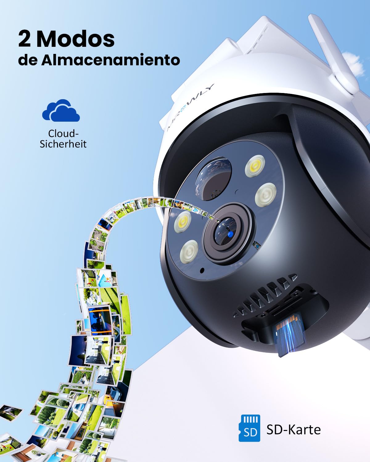 Mrowly 2K Überwachungskamera Aussen Solar, 360° PTZ Kamera Überwachung Aussen Akku, 2,4GHz WLAN Kamera mit PIR Bewegungsmelder, Farbnachtsicht, 2-Wege-Audio, IP66, Cloud/SD Speicher 8