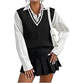 Floerns Women's Cable Knit Sweater Vest Sleeveless V Neck Preppy Knitted Tank Top