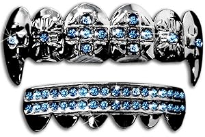 Big Dawgs Bling Hip Hop Gun Metal Cross Fangs Teeth Grillz Set - Blue Stones