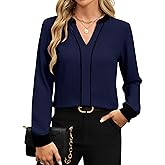 Fayenne Womens Tops Dressy Casual V Neck Color Block Business Casual Blouses Long Sleeve Work Shirts Fall Trendy Clothes