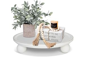 SOWA Farmhouse Round Wood Tray with Risers for Display, Wooden Decorative Tray for Kitchen Decor, Pedestal Stand for Countertop, for Soap Dish on Risers, Footed Rustic Cake Stand