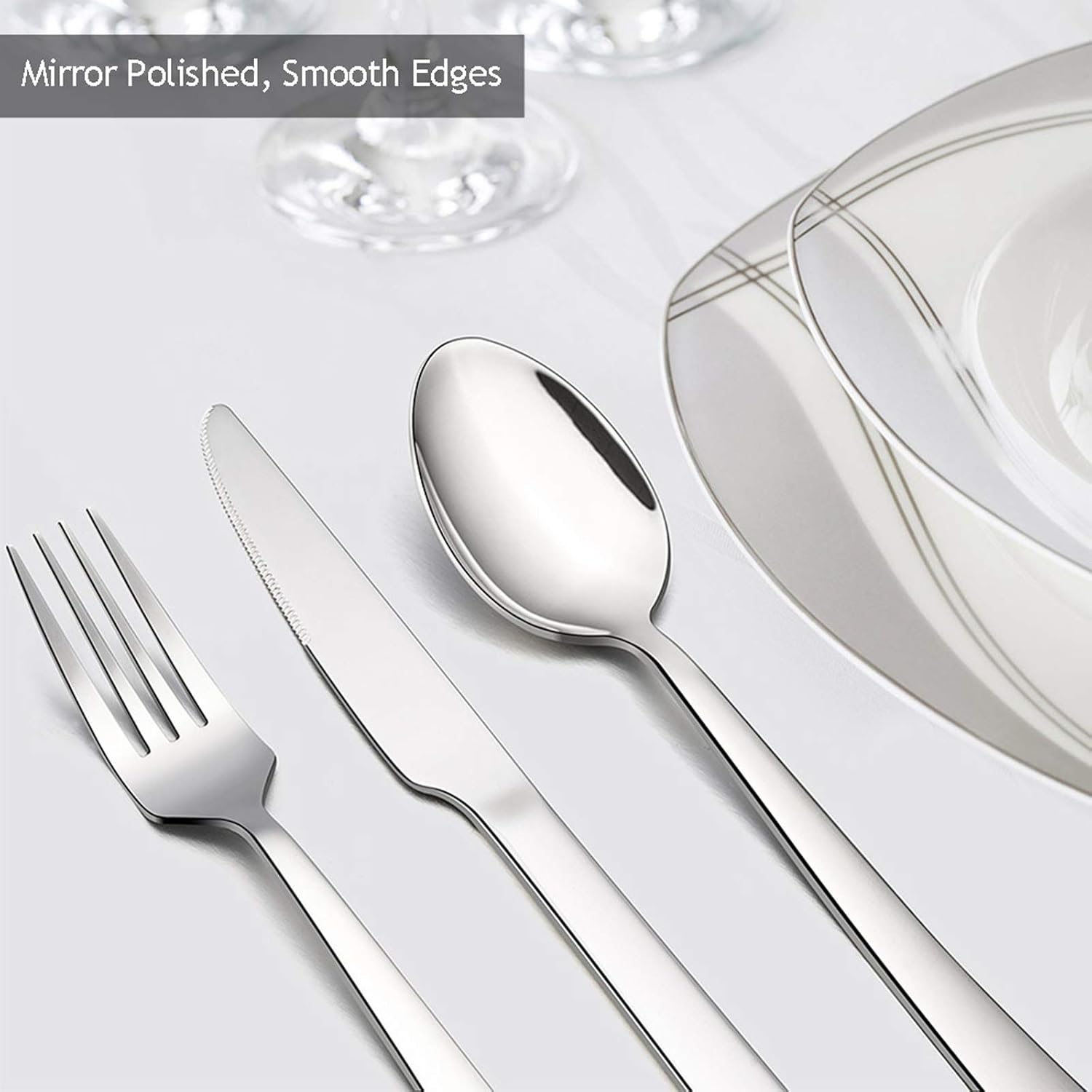  | 60-Piece Silverware Set, E-far Stainless Steel Flatware Set Service for 12, Tableware Cutlery Set for Home Restaurant Party, Dinner Forks/Spoons/Knives, Square Edge & Mirror Polished, Dishwasher Safe: Flatware Sets