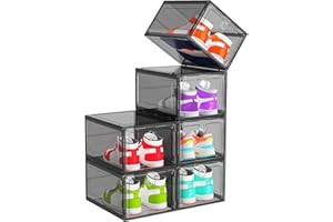 ARSTPEOE 6 Pack Upgrade Harder Shoe Organizer, Shoe Storage with Magnetic Front Door, Clear Shoe Boxes Foldable Space-Saving Shoe Rack for Sneaker Boot Container, Black