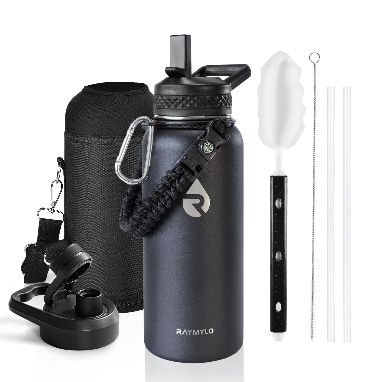 Photo 1 of RAYMYLO Insulated Water Bottle 32 oz, Triple Wall Vacuum Stainless Steel (Cold for 48 Hrs), Leak Proof & Non-BPA, Modern Water Flask Jug with Paracord Handle & Straw Spout Lids, Magic Black